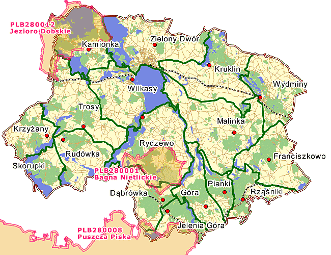 Rys. Obszary specjalnej ochrony ptaków (OSO) na terenie Nadleśnictwa Giżycko.