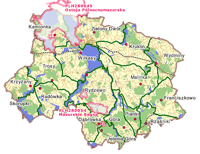 Rys. Zsięgi Obszarów Specjalnej Ochrony (SOO) zlokalizowane na terenie Nadleśnictwa Giżycko.