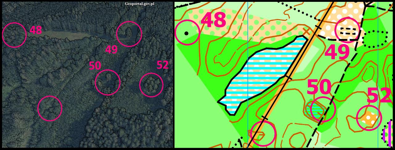 Zdjęcie. Porównanie PK na obrazie lotniczego skaningu laserowego z PK na mapie.