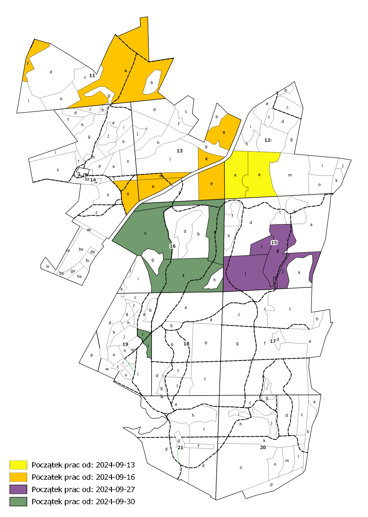 Załącznik 1. Mapa lokalizacji prac gospodarczych (zabiegów sanitarnych) na terenie uroczyska Las Miejski polegających na usunięciu z drzewostanów świerków zasiedlonych przez kornika drukarza.