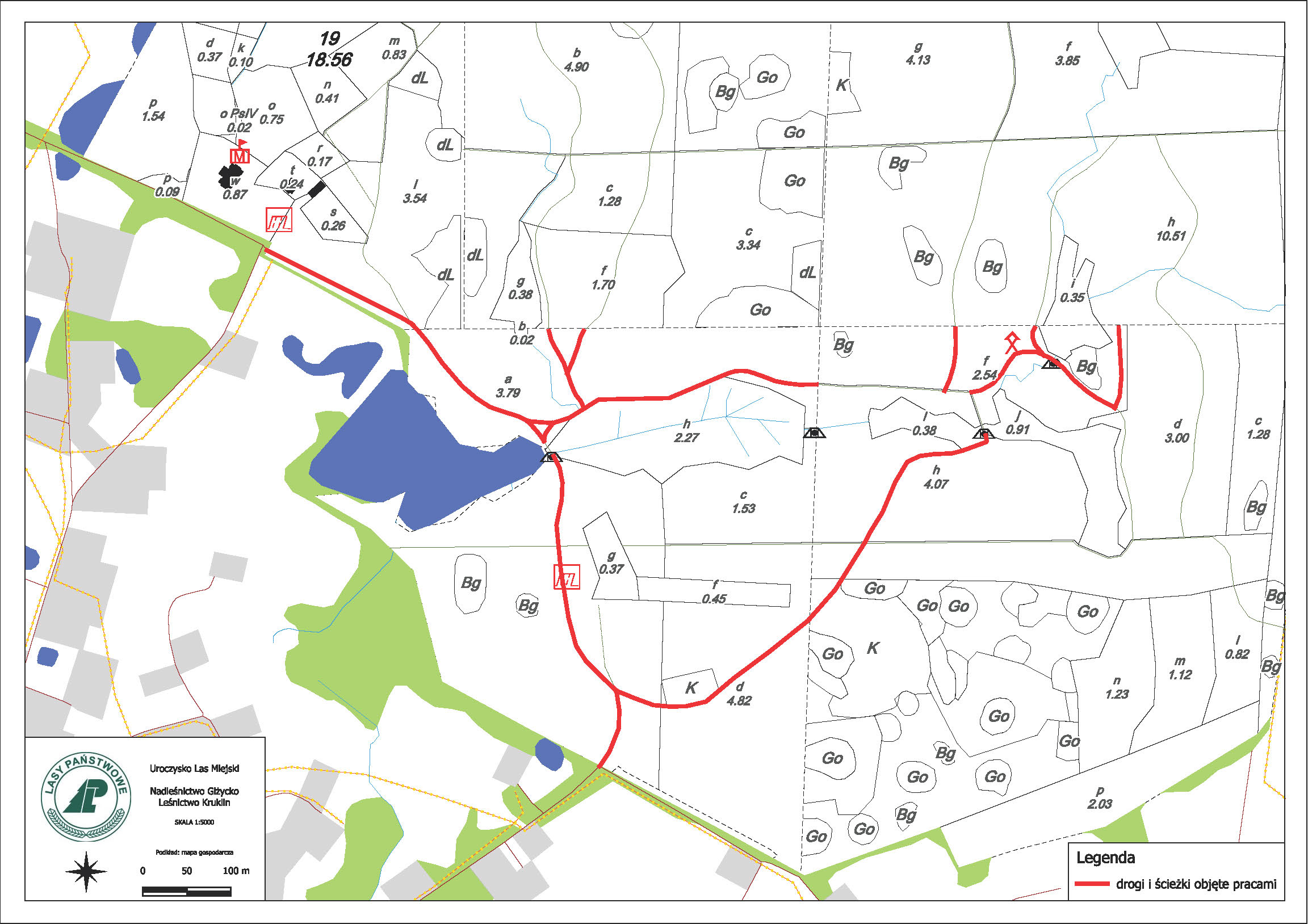 Mapa szlaków komunikacyjnych w Uroczysku Las Miejski objętych przeglądem drzewostanów.