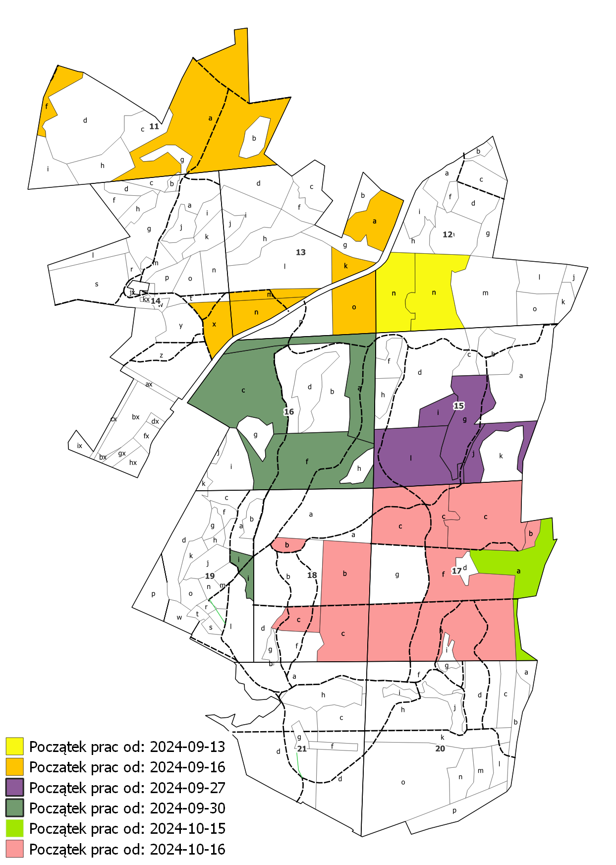 Załącznik 1. Mapa lokalizacji prac gospodarczych (zabiegów sanitarnych) na terenie uroczyska Las Miejski polegających na usunięciu z drzewostanów świerków zasiedlonych przez kornika drukarza.