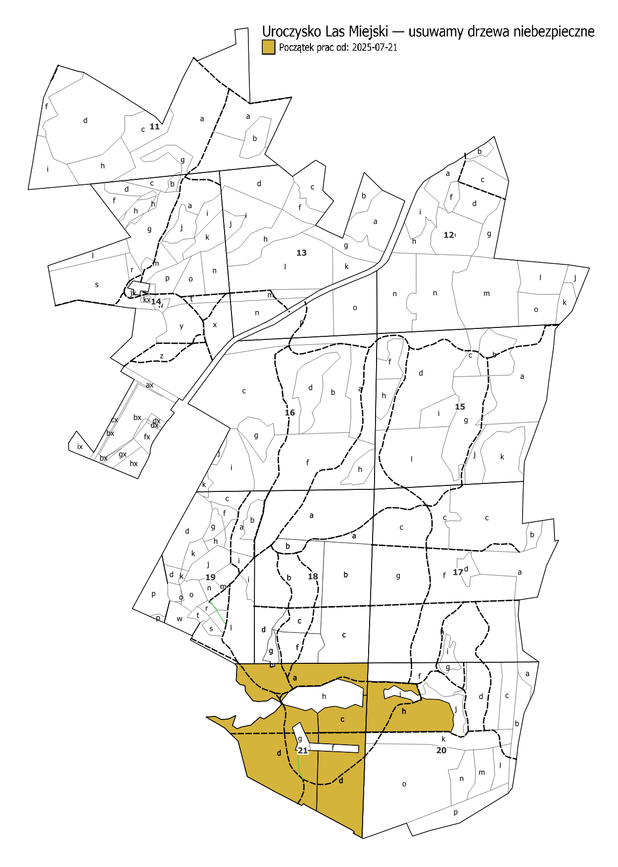 Mapa Uroczyska Las Miejski w Gajewie z zaznaczonymi obszarami planowanych prac usuwania drzew niebezpiecznych (oddziały 21a, 21d, 21c, 20h).