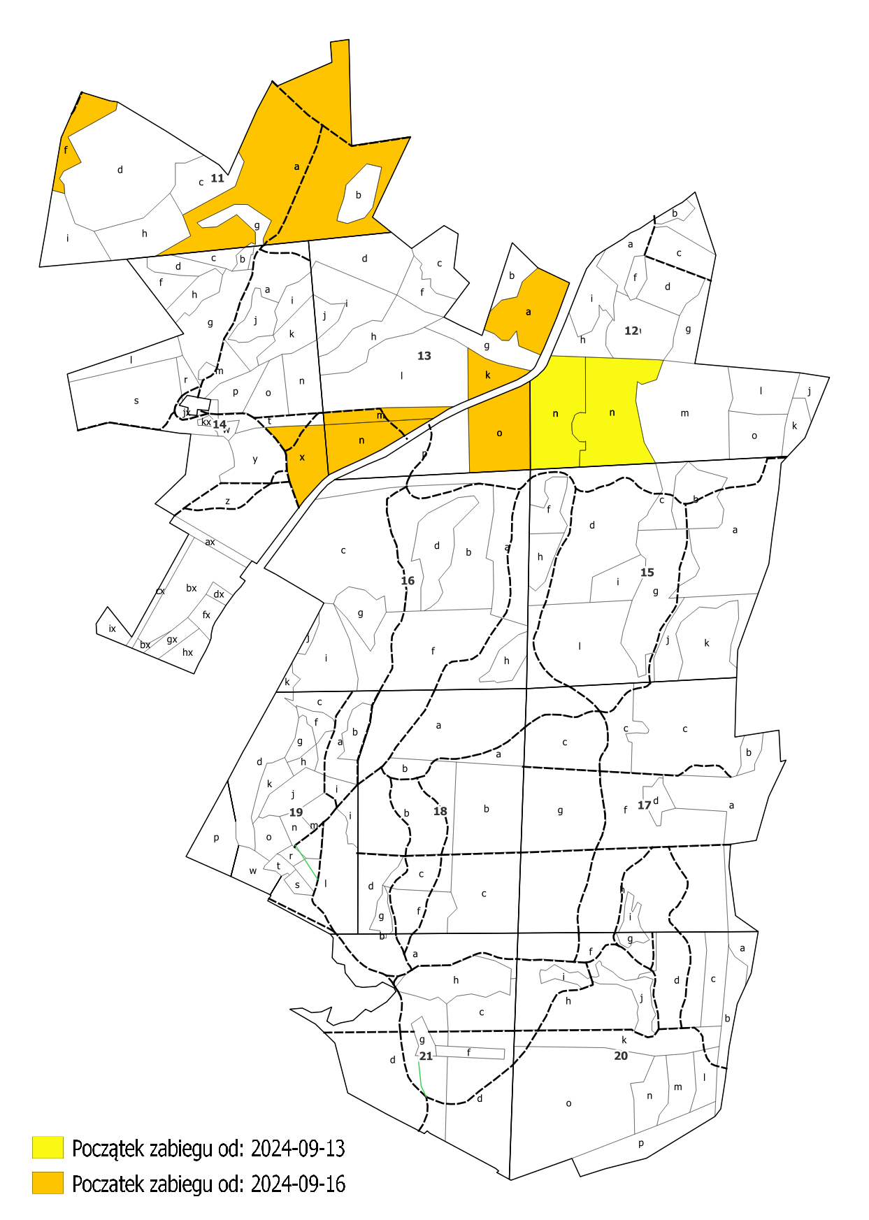 Mapa lokalizacji prac gospodarczych (zabiegów sanitarnych) na terenie uroczyska Las Miejski polegających na usunięciu  z drzewostanów drzew zasiedlonych przez kornika drukarza.