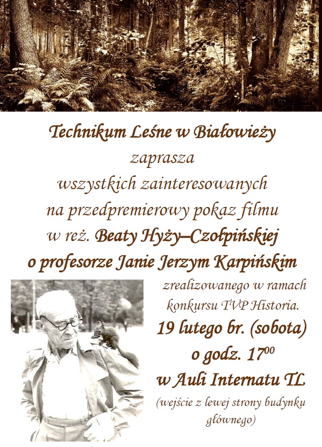 Plakat zapraszający na przedpremierowy pokaz filmu o prof. Jerzym Janie Karpińskim.