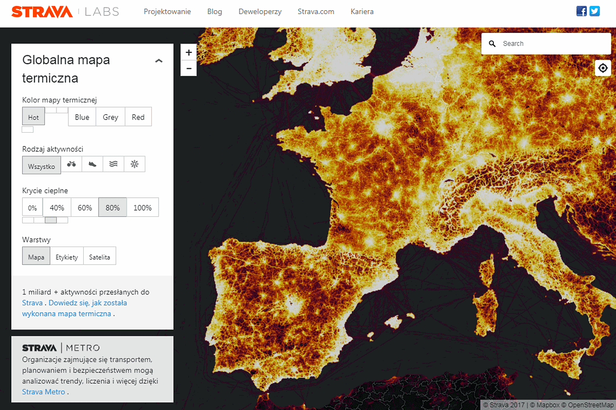 Globalna Mapa Cieplna Strava Labs. Źródło: https://labs.strava.com.