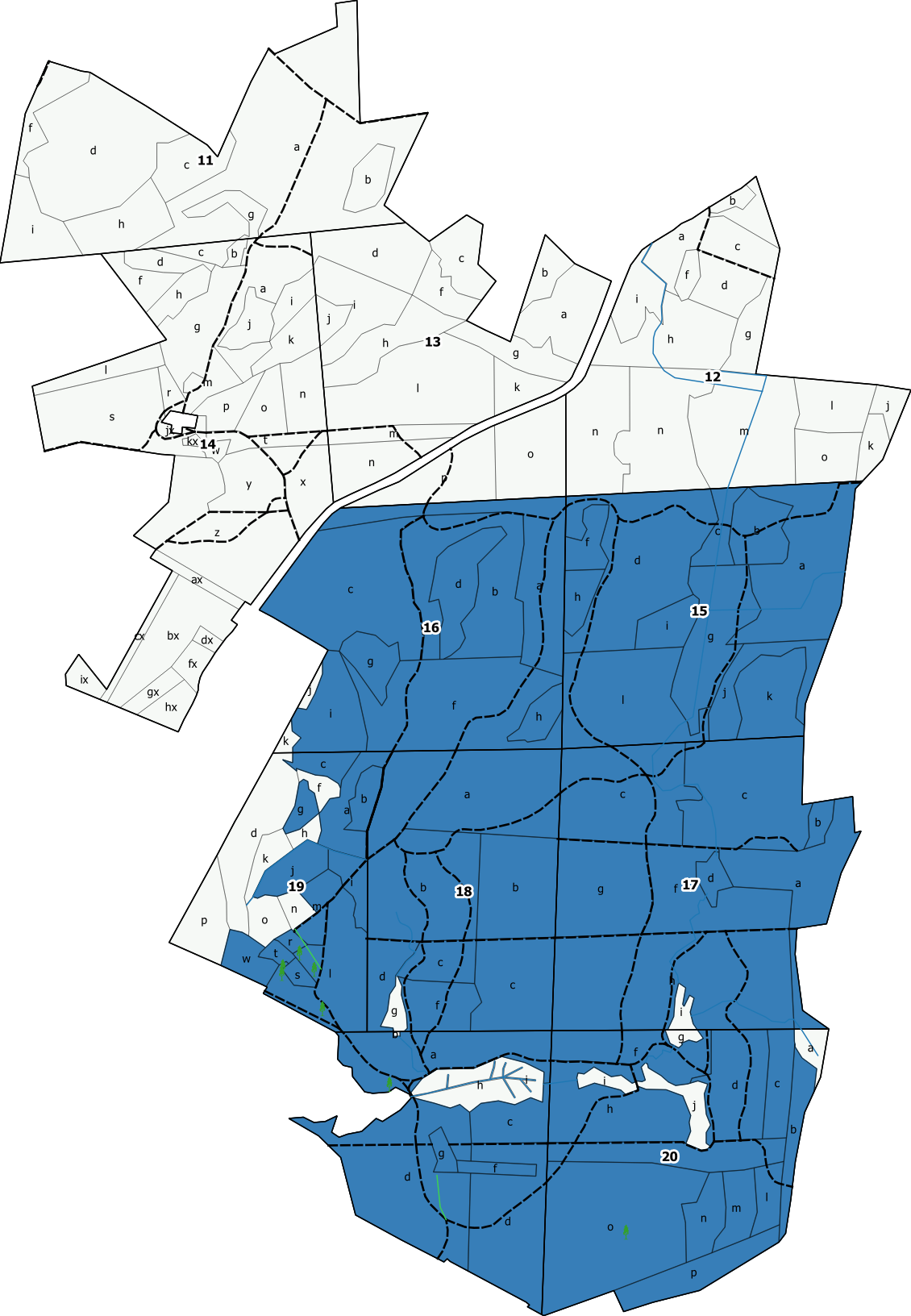 Rys. Mapa uroczyska Las Miejski z zaznaczeniem (kolorem niebieskim) proponowanego obszaru intensywnego oddziaływania społecznego.