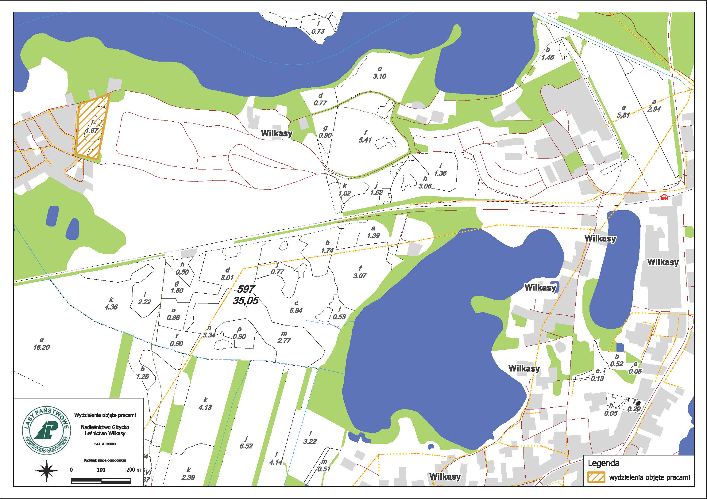 Mapa lokalizacji prac leśnych.