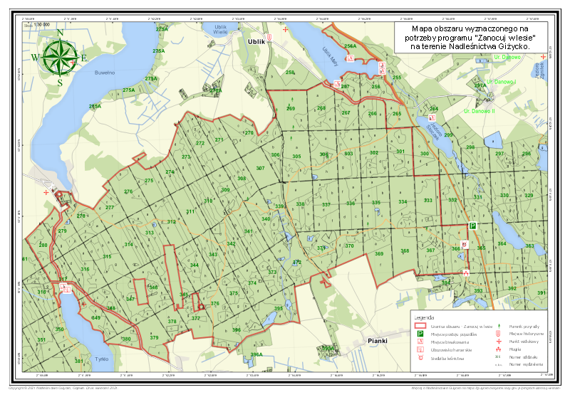 Mapa obszaru wyznaczonego na potrzeby programu "Zanocuj w lesie" na terenie Nadleśnictwa Giżycko.