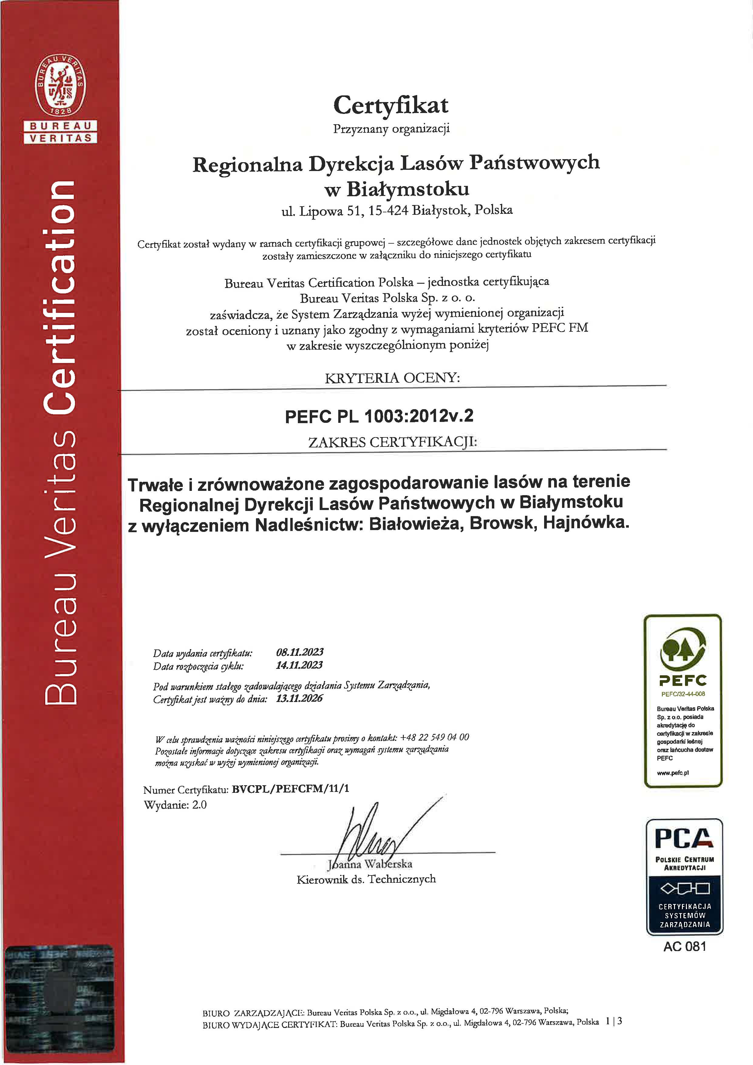 Certyfikat PEFC strona 1.