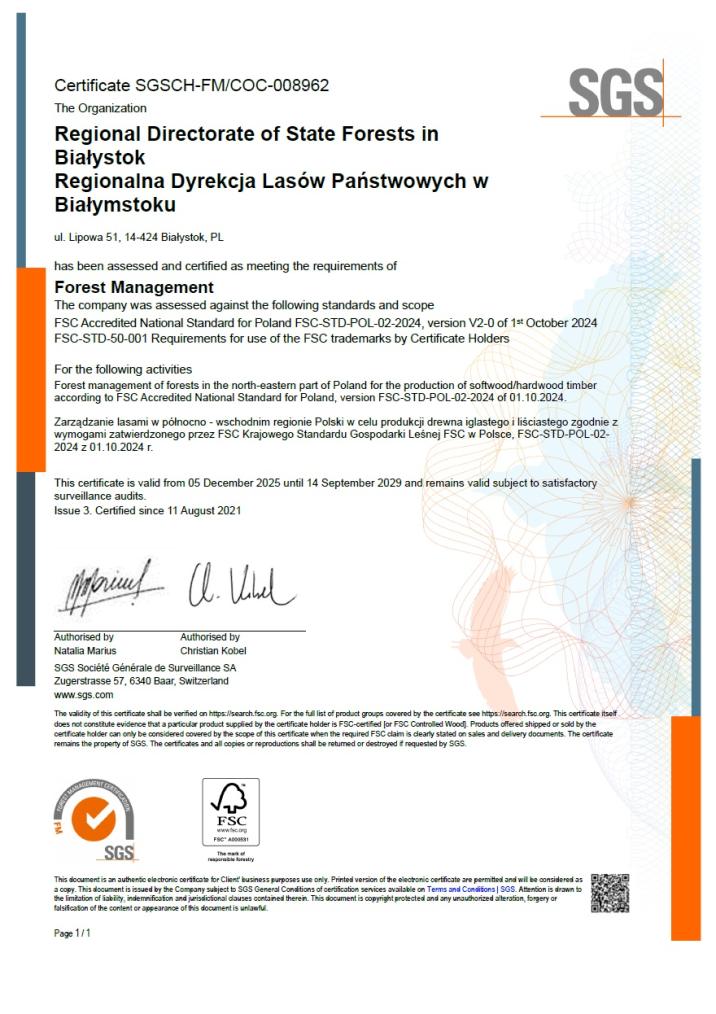 Certyfikat FSC® o numerze SGSCH-FM/COC/008962.